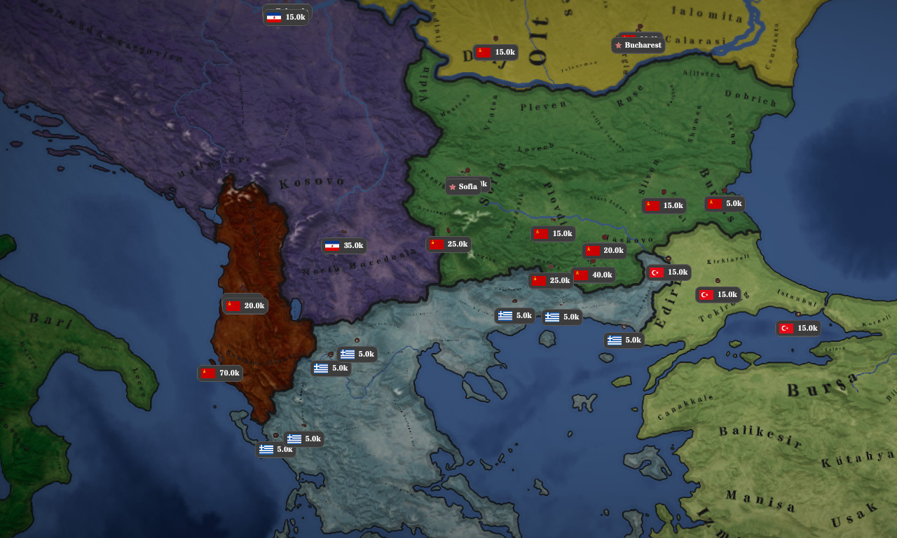 Greek, Bulgarian, Turkish, and Albanian brigade markers across the southern Balkans.