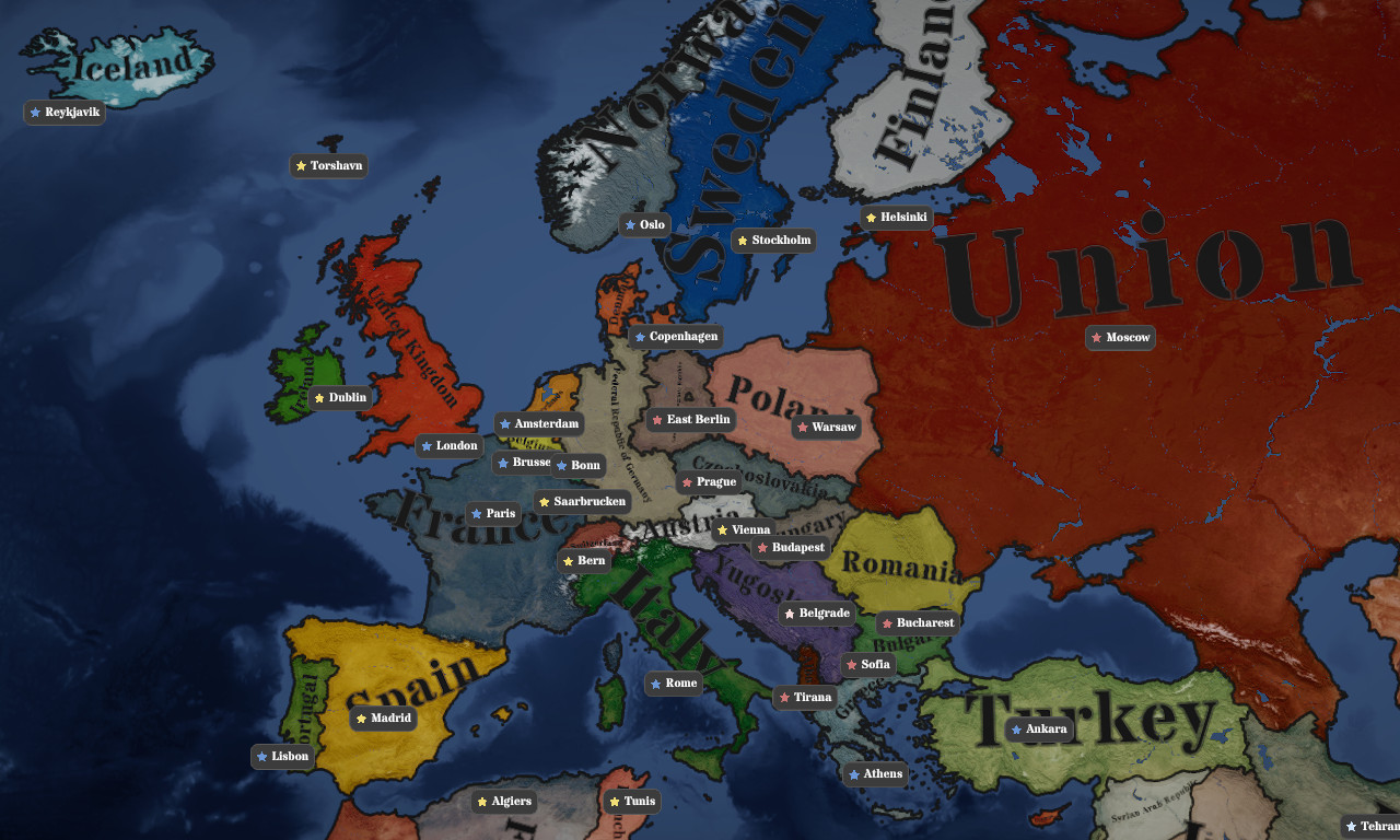 Political map of Europe at the 1949 scenario start, capitals and country labels visible.