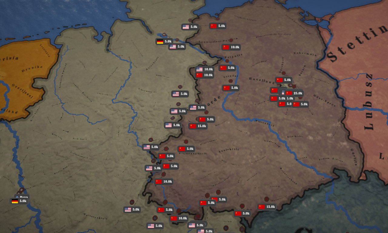 Dense stacks of opposing brigades along the inner German border near the Elbe.